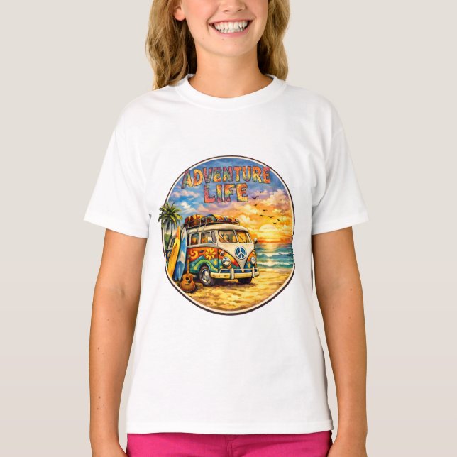 Retro 60s Hippie Beach Sunset Adventure Life Girls T Shirt (Framsida)
