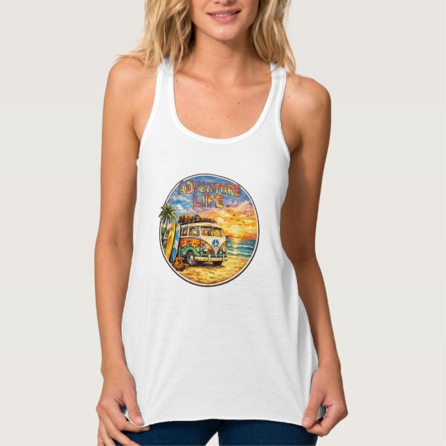Retro 60s Hippie Beach Sunset | Adventure Van Life Linne Med Racerback (Framsida)