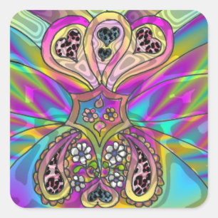 Retro 60s Psychedelic Hearts Flowers Gifts Apparel Fyrkantigt Klistermärke