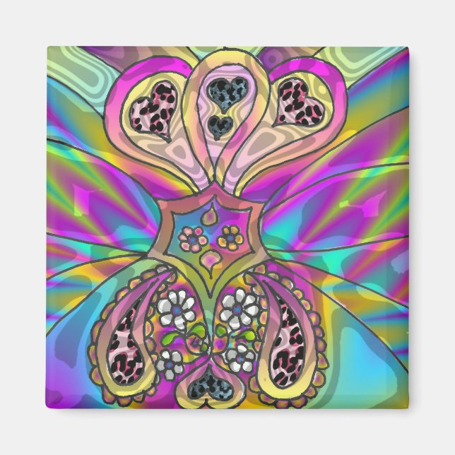 Retro 60s Psychedelic Hearts Flowers Gifts Apparel Magnet (Framsidan)