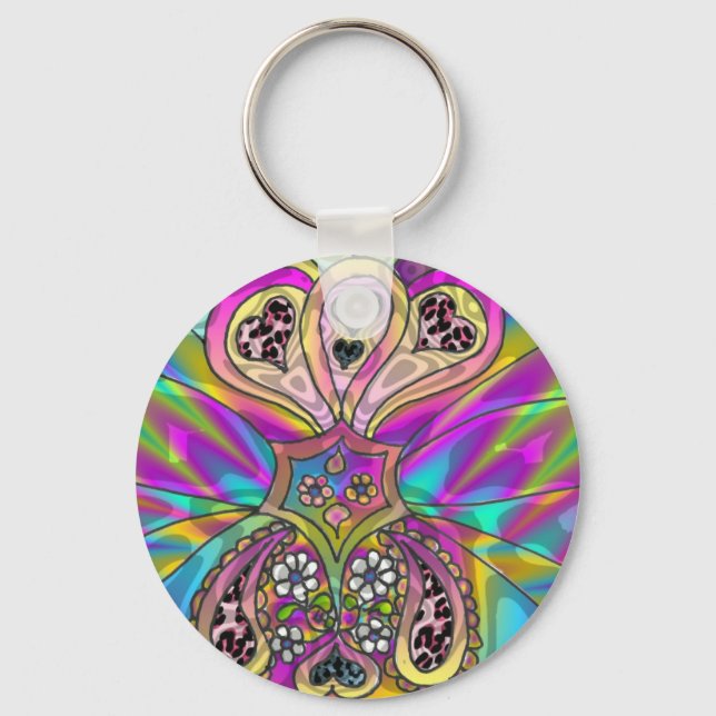 Retro 60s Psychedelic Hearts Flowers Gifts Apparel Nyckelring (Framsida)