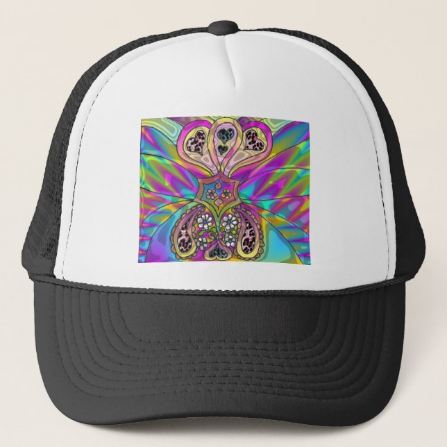 Retro 60s Psychedelic Hearts Flowers Gifts Apparel Truckerkeps (Framsida)