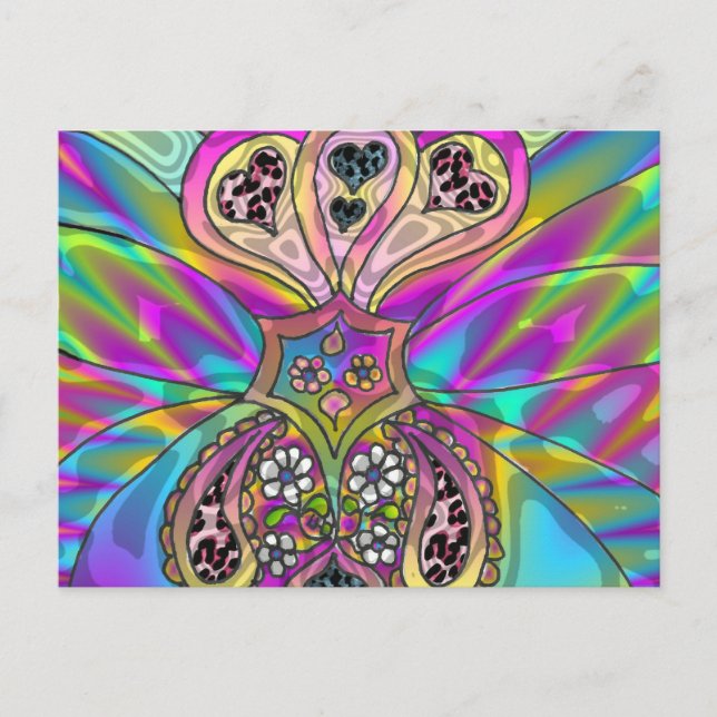 Retro 60s Psychedelic Hearts Flowers Gifts Apparel Vykort (Framsida)