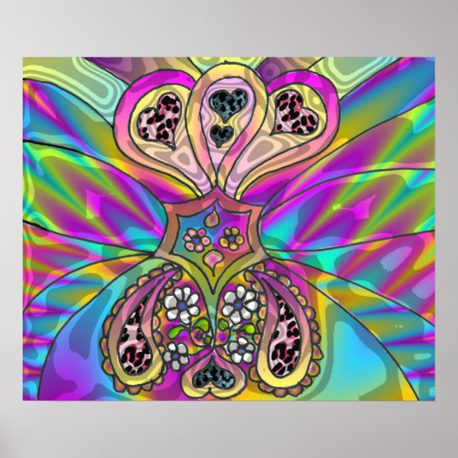 Retro 60s Psychedelic Hearts Flowers Skriv ut Post Poster (Framsidan)