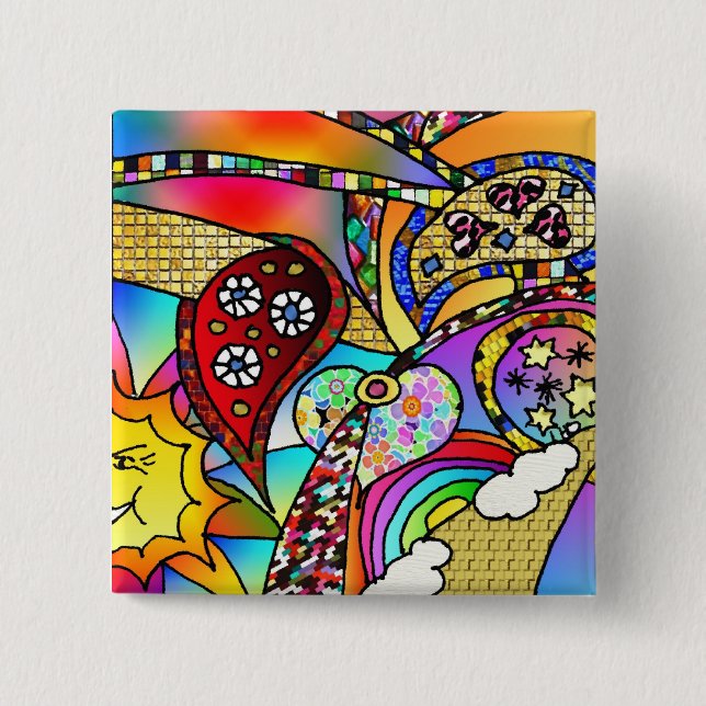 Retro 60s Psychedelic Hearts Paisley Gifts Apparel Knapp (Framsida)