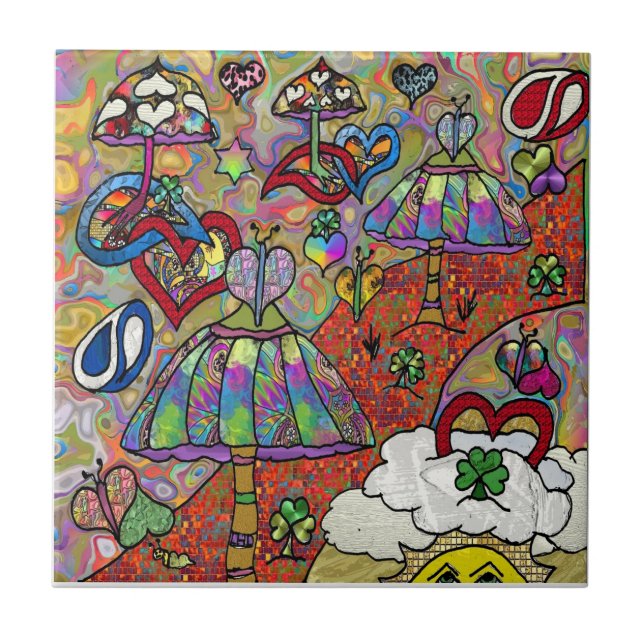 Retro 60s Psychedelic Magic Mushroom Ceramic Tile Kakelplatta (Framsidan)