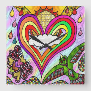 Retro 60s Psychedelic Rainbow Heart Clock Fyrkantig Klocka