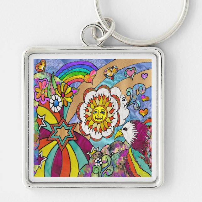 Retro 60s Psychedelic Sunshine Eagle Apparel Gifts Fyrkantig Silverfärgad Nyckelring (Framsidan)