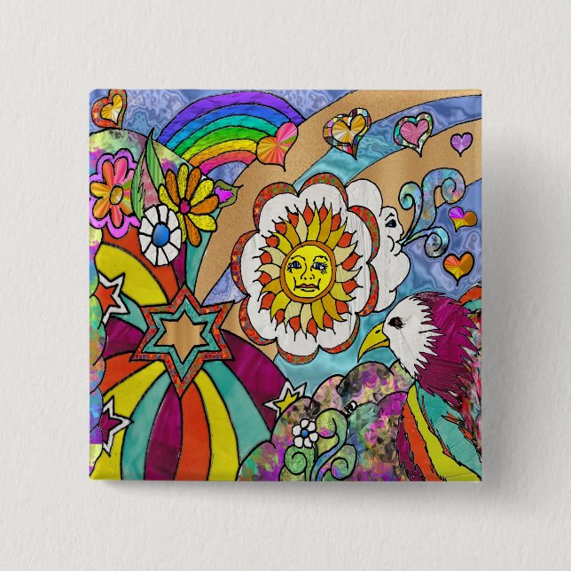 Retro 60s Psychedelic Sunshine Eagle Apparel Gifts Knapp (Framsida)