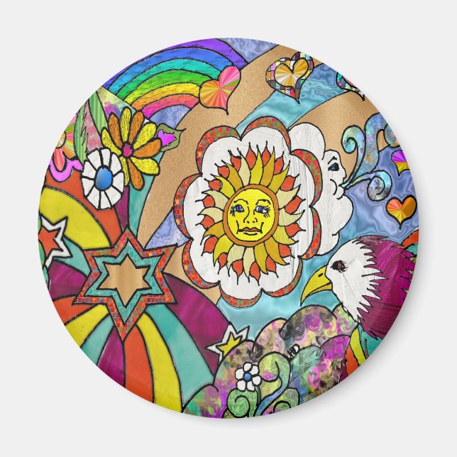 Retro 60s Psychedelic Sunshine Eagle Apparel Gifts Magnet (Framsidan)
