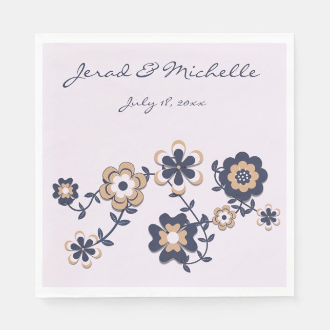 Retro 70:s blå Guld-blomma Pappersservett (Framsidan)