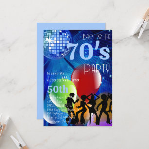Retro 70:s Disco Boll & Balloons Blue Birthday Inbjudningar