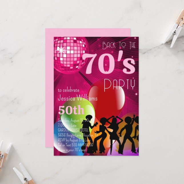 Retro 70:s Disco Boll & Balloons Rosa Birthday Inbjudningar (Fram/Back In Situ)