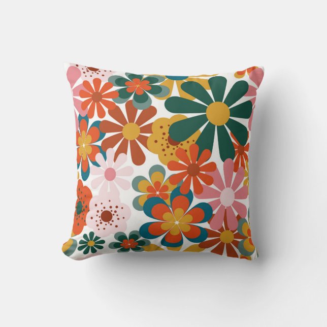 Retro 70:s färgstarka vallmoblomma kudde (Framsida)