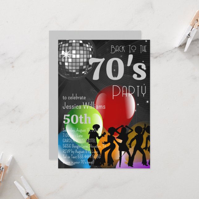Retro 70:s svarta födelsedag med Disco Boll & Ball Inbjudningar (Fram/Back In Situ)