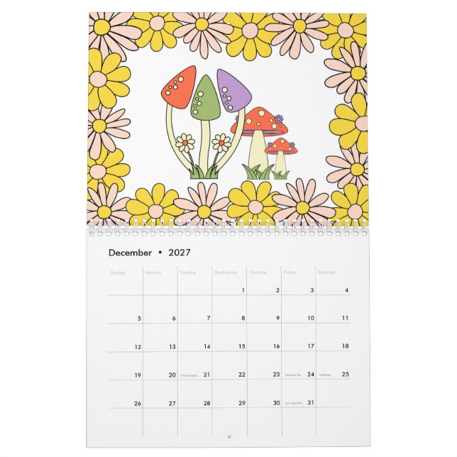 Retro 70-tal Hippie Groovy Mushroom & Flower Kalender (Dec 2027)