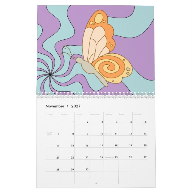 Retro 70-tal Hippie Groovy Wave Butterfly Kalender (Nov 2027)