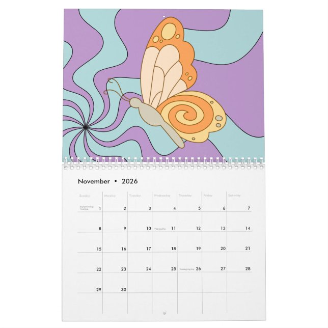Retro 70-tal Hippie Groovy Wave Butterfly Kalender (Nov 2026)