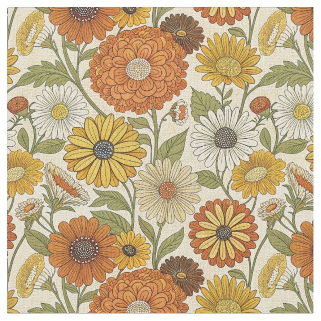 Retro 70-tal Orange Gul Prästkrage Blommig Boho Mö Tyg (Närbild)