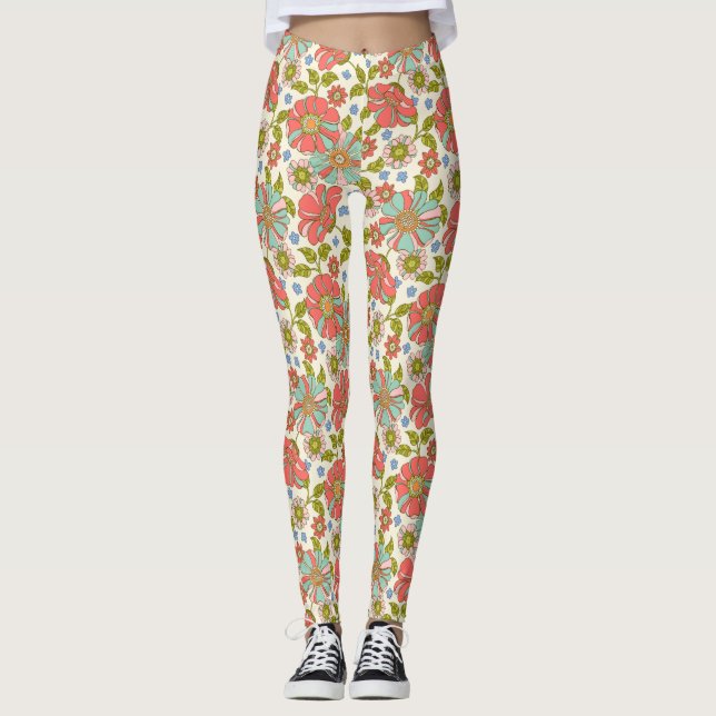 Retro 70-tal Rosa Aqua Blommigt Leggings (Framsida)