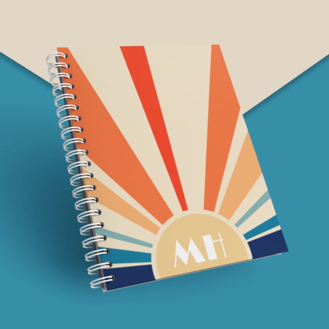 Retro 70-tal stjärnexplosion soluppgångsrand Monog Anteckningsbok (Skapare uppladdad)