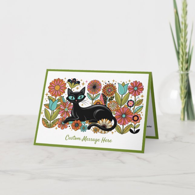 Retro 70-tal Svart Katt Blommig Personlig Design Kort (Framsida)