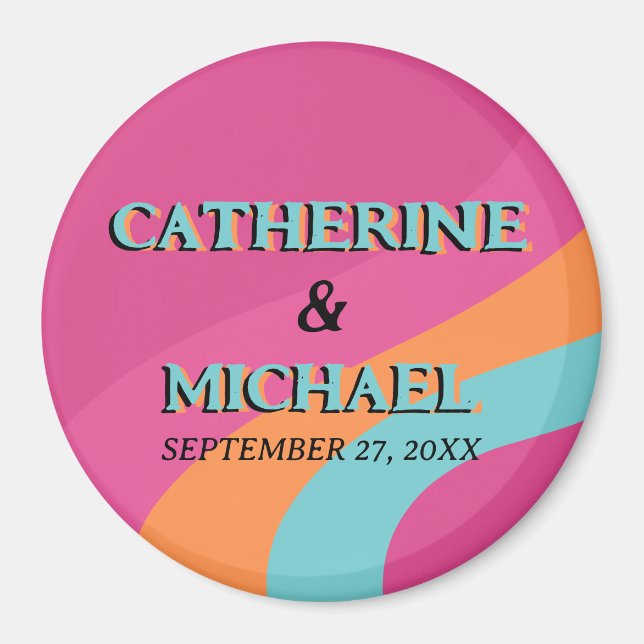 Retro 70-talet Groovy Fuchsia Roligt Bröllop Magnet (Framsidan)