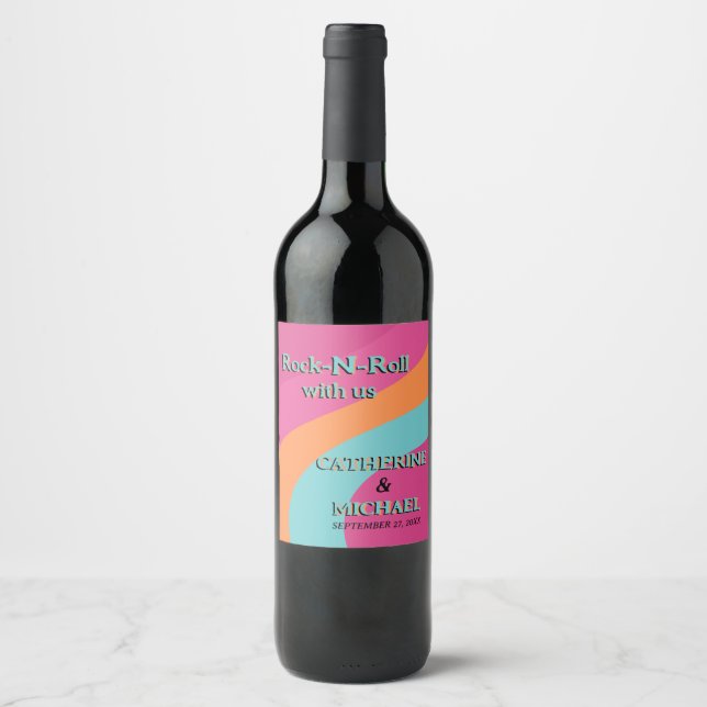Retro 70-talet Groovy Fuchsia Roligt Bröllop Vinflaska Etikett (Framsida)
