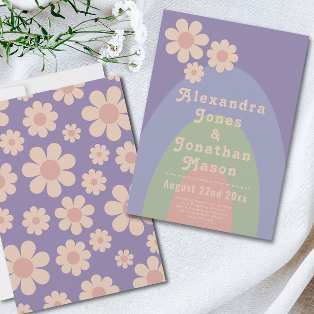 Retro 70-talet Groovy Pastel Färg Bröllop Inbjudningar (Retro 70s vintage daisy arch pastel wedding invitation )