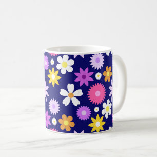Retro 70-talet Stil Flower Lg Mönster på Mörk blåt Kaffemugg