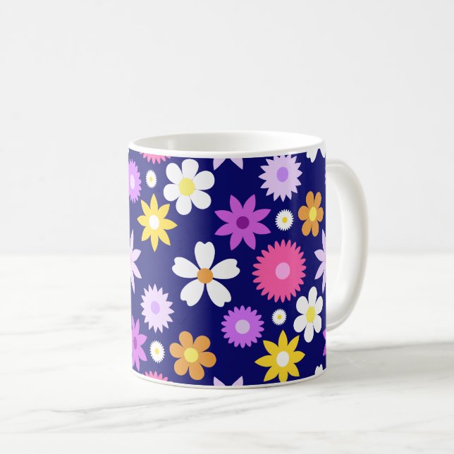 Retro 70-talet Stil Flower Lg Mönster på Mörk blåt Kaffemugg (Framsida höger)