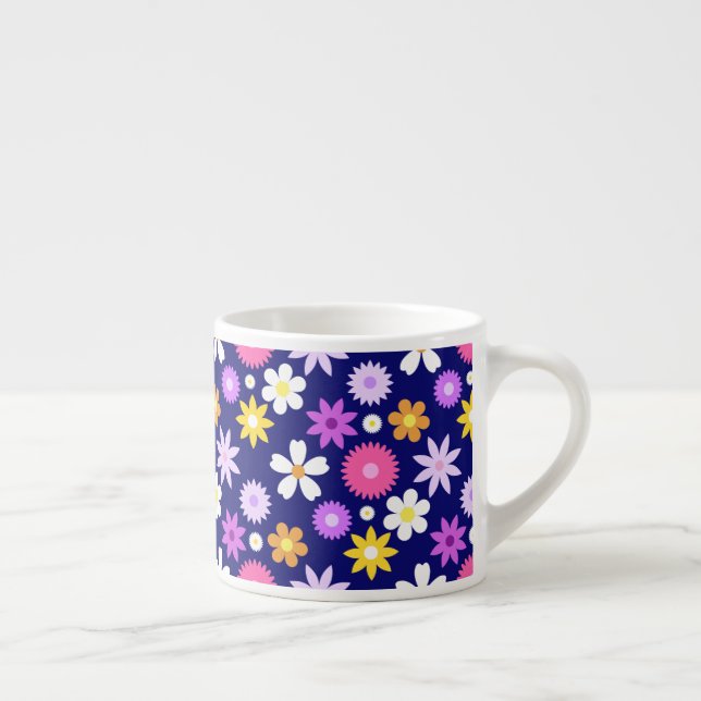 Retro 70-talet Stil Flower Mönster på Mörk blått Espressomugg (Höger)