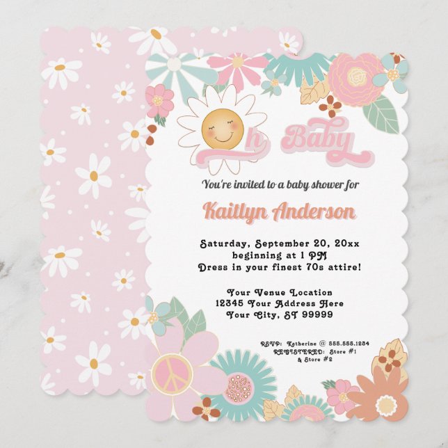 Retro 70-talets Daisy Rosa Peach Girl Oh Baby Show Inbjudningar (Fram/baksida)