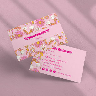 Retro 70-talets Groovy Rosa Blommigt & Rainbow Fun Visitkort