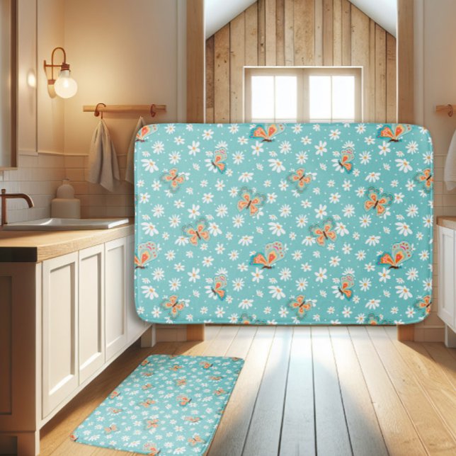 RETRO 70-talets Hippy Daisy Mod Butterfly Aqua Blu Badrumsmatta (Skapare uppladdad)