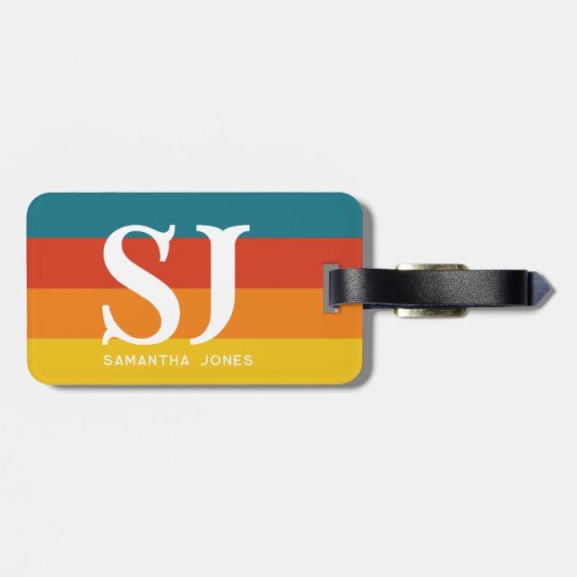 Retro 70-talets monogram för regnbåge i Rand Initi Bagagebricka (Baksida Vågrät)