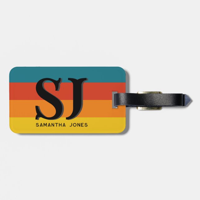 Retro 70-talets monogram för regnbåge i Rand Initi Bagagebricka (Baksida Vågrät)