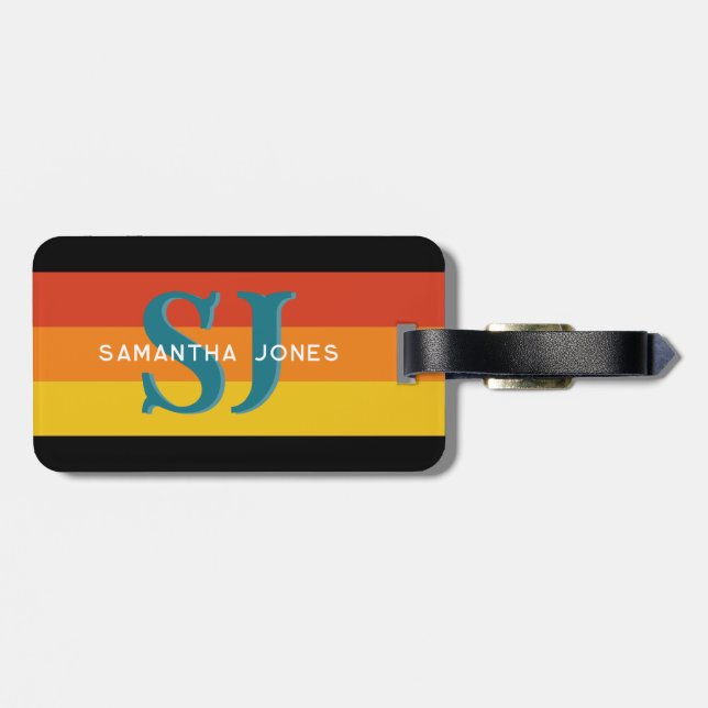 Retro 70-talets monogram för regnbåge i Rand Initi Bagagebricka (Baksida Vågrät)