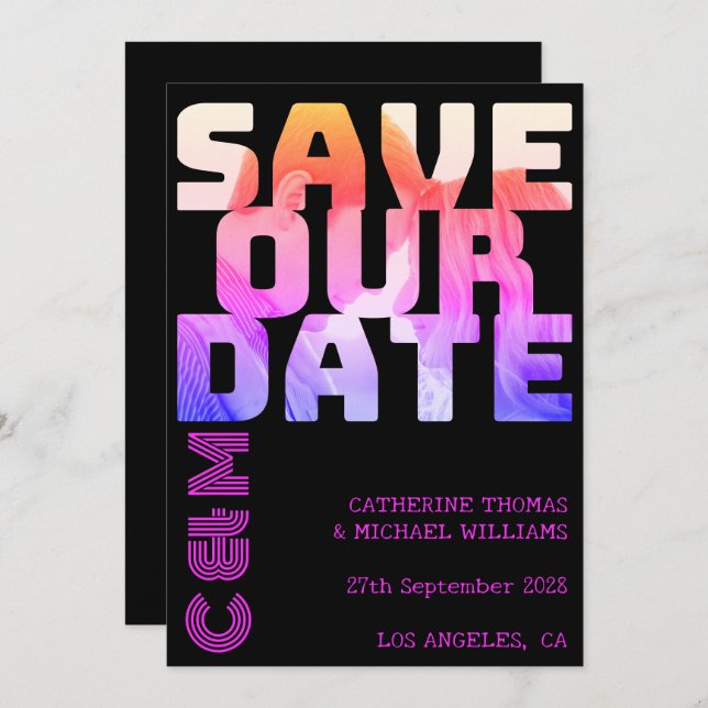 Retro 70-talets Namn Monogram och Photo Bröllop Sp Spara Datumet (Fram/baksida)