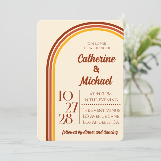 Retro 70-talets regnbåge Groovy Arch-foto Bröllop Inbjudningar (Stående Fram)