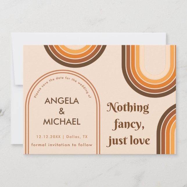 Retro 70-talets regnbåge med minimalistisk brun bå spara datumet (Framsida)