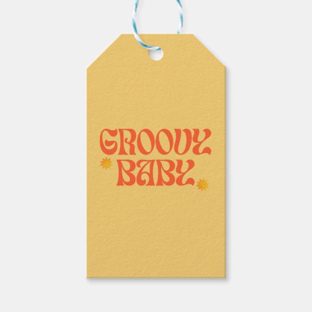 Retro 70-talets senap Orange Hippie Groovy Baby Presentetikett (Framsidan)
