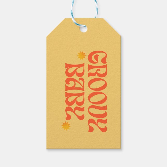 Retro 70-talets senap Orange Hippie Groovy Baby Presentetikett (Framsidan)