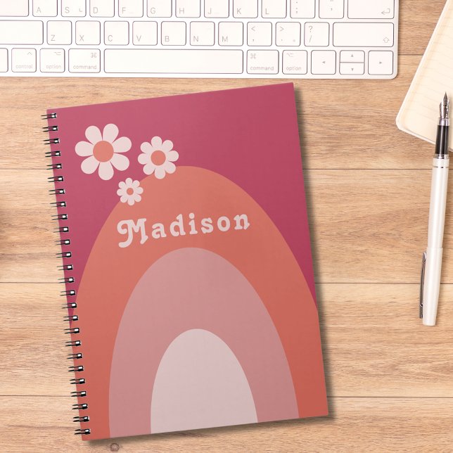 Retro 70-talets Vintage Personlig Namn Anteckningsbok (Retro vintage daisy arch peach orange and pink custom name notepad)