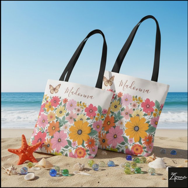 Retro 70-tals blommande Groovy Daisy-bakgrund Tygkasse (Skapare uppladdad)