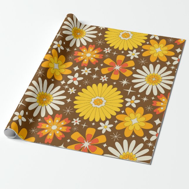 Retro 70-tals blommor med atomära stjärnexplosione presentpapper (Utrullad)
