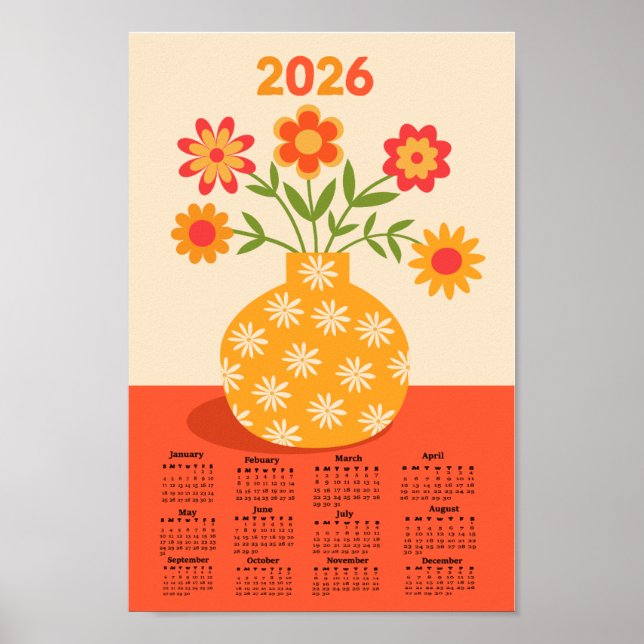 Retro 70-tals Blommor Vas 2026 Kalender Poster (Framsidan)