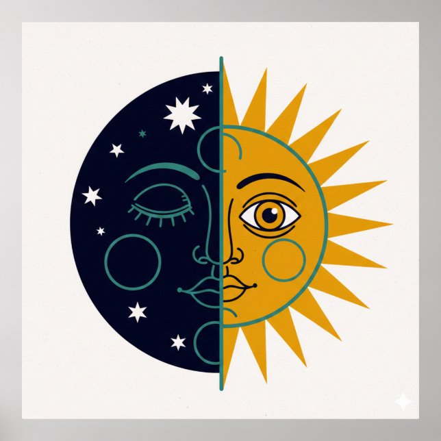 Retro 70-tals Celestial Sol Måne Split Face Konstt Poster (Framsidan)