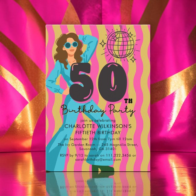 Retro 70-tals Disco Boll 50-års Födelsedagsinbjuda Inbjudningar (Skapare uppladdad)