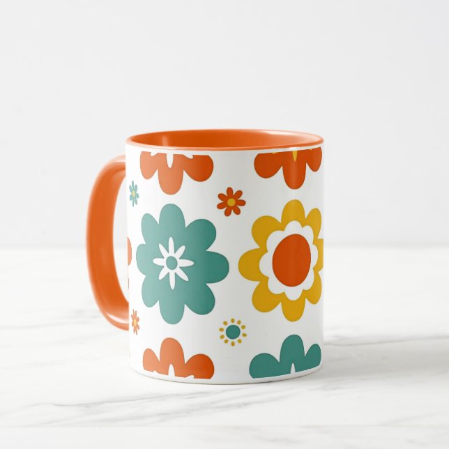Retro 70-tals geometriskt blommig boho mugg (Framsida vänster)